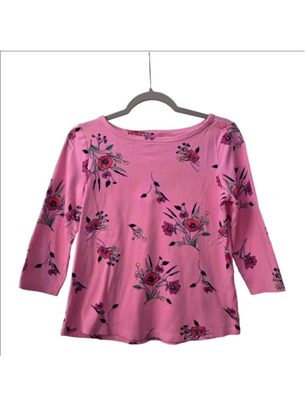 Charter Club Pink Floral Supima Cotton 3/4 Sleeve Boat Neck Top